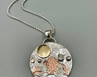 Mixed Metals Mountain Scene Necklace: Sterling Silver, Copper & 14K Gold, Rustic Pendant