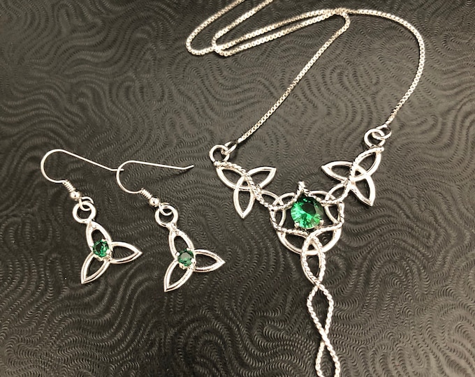 Celtic Knot Emerald Necklace and Earrings Set in Sterling Silver, Irish Emerald Earrings, Celtic Bridal Accessories, Victorian Wedding Set