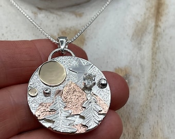 Mixed Metals Mountain Nature Scene Necklace, Gift For Her, Hiking Jewelry in Sterling Silver, Copper, 14K Gold,  Hiking Enthusiast Necklace
