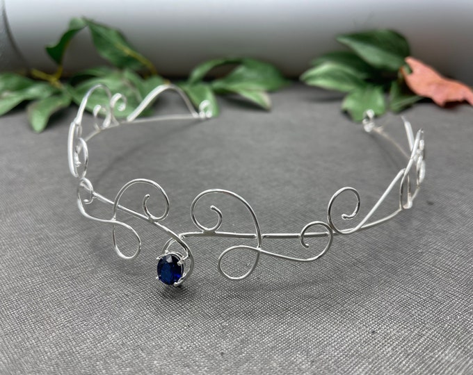 Fantasy Elvish Sapphire Tiara in Sterling Silver, Alternative Wedding Circlet, Simple Tiara, Bohemian Bridal Circlet