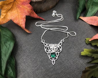 Celtic Heart Trinity Knot Necklace in Sterling Silver, Irish Symbolic Necklace with Emerald, Scottish Jewelry, Gift for Her, Anniversary