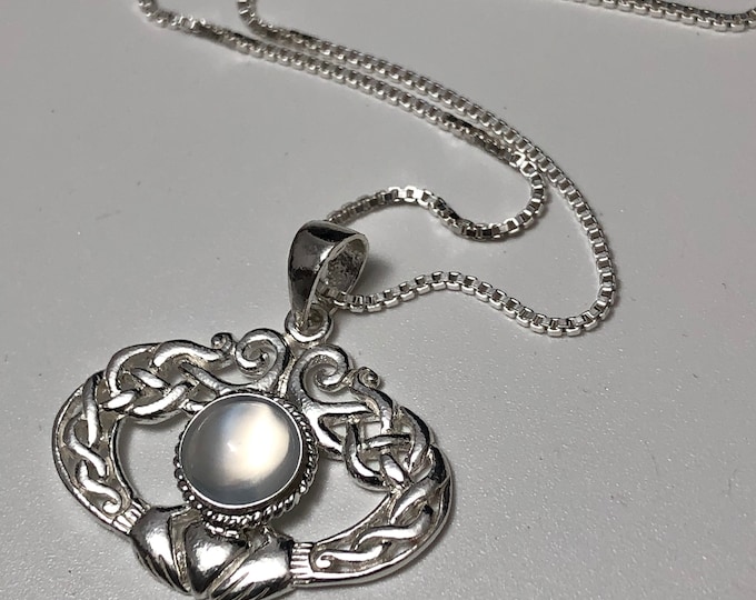 Irish Amethyst Moonstone Irish Claddagh Necklace Sterling Silver, Celtic Necklaces with Cabochon, Gifts For Her, Birthday