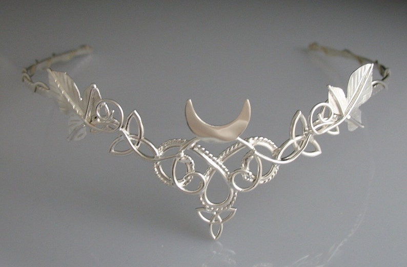 Wedding Circlet for Hair Handmade Artisan SCA Pagan Alternative Elvish Celtic Leaves Crescent Moon Bridal Wedding Tiara in Sterling Silver
