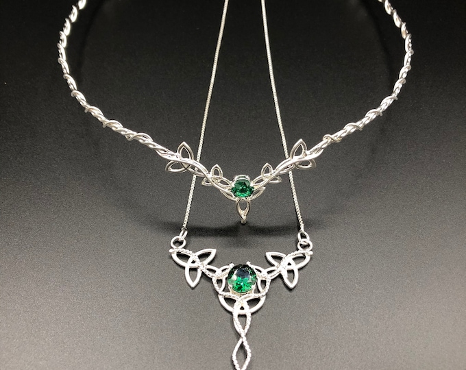 Celtic Gemstone Wedding Circlet and Necklace Set, Irish Emerald Bridal Tiara and Necklace, Celtic Wedding Sets, Scottish  Wedding