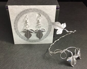 Leaf Bracelet Wrap with Leaf Earrings on Dangle Ear Wire Hooks, Autumn Leaf Earrings and Cuff, Ivy Handmade Leaf Earrings and Bracelet Set