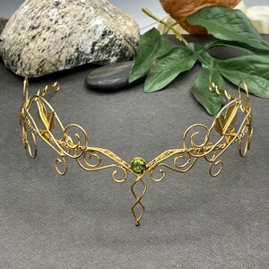 Woodland Peridot Wedding Tiara in Sterling Silver with 24K Gold Overlay, Bridal Fantasy Renaissance Circlet, Elvish Princess Headpiece