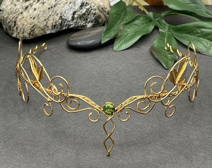 Woodland Peridot Wedding Tiara in Sterling Silver with 24K Gold Overlay, Bridal Fantasy Renaissance Circlet, Elvish Princess Headpiece