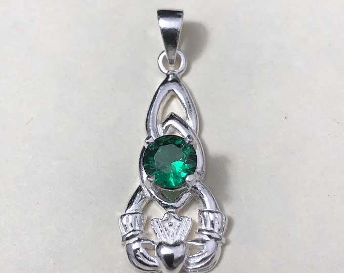 Claddagh Emerald Celtic Knot Necklace with 18 inch Box Chain, Irish CladdaghTriquetra Necklaces, Gift for Her, Birthday Necklaces