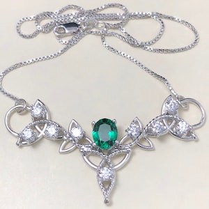 Irish Wedding Emerald Celtic Trinity Knot Necklace with 16 Inch Sterling Box Chain, Handmade, Sterling Silver, Lab Created Emerald and Topaz
