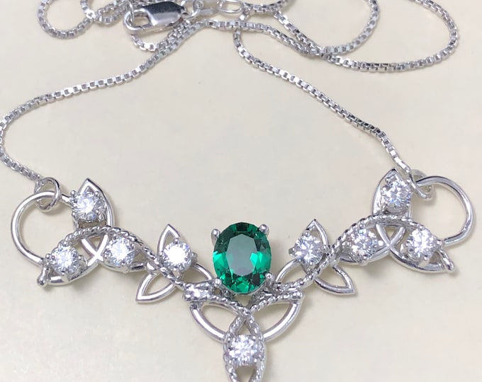 Irish Wedding Emerald Celtic Trinity Knot Necklace with 16 Inch Sterling Box Chain, Handmade, Sterling Silver, Lab Created Emerald and Topaz