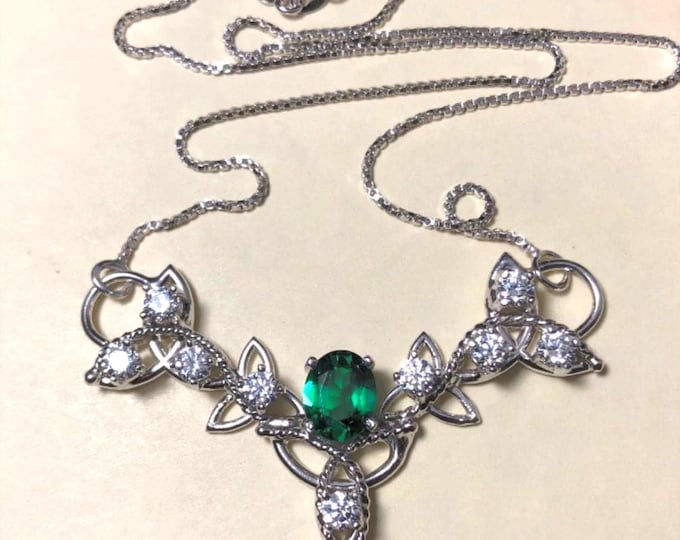 Irish Wedding Emerald Celtic Trinity Knot Necklace with 16 Inch Sterling Box Chain, Handmade, Sterling Silver Emerald and Topaz