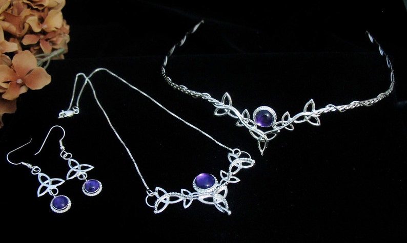 Celtic Knot Irish Wedding Jewelry Set in Sterling Silver, Celtic Tiara, Necklace, Celtic Earrings, Jewelry Set for Brides, Accessories Amethyst