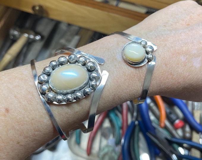 Sterling Silver White Mother of Pearl Bracelet - Custom Made Stevie Nicks Style 70s Cuff Bracelet Set
