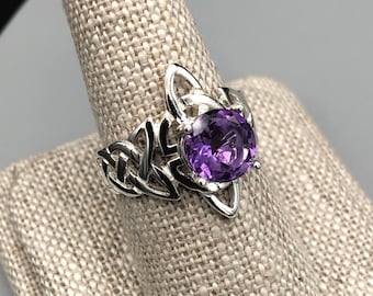 Celtic Rings, Irish Amethyst Sterling Silver Ring, Irish Celtic Knot Rings with Gemstone, Handmade Trinity Knot Rings