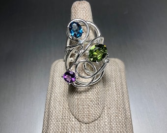 Bohemian Sterling Silver Artisan Amethyst Peridot Ring, Statement Rings Abstract Boho Chic Rings, Gifts For Her