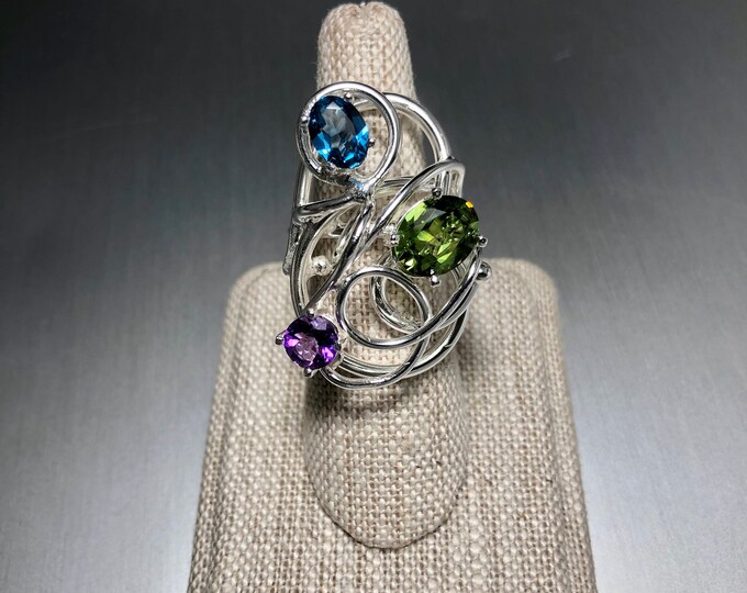 Bohemian Sterling Silver Artisan Amethyst Peridot Ring, Statement Rings Abstract Boho Chic Rings, Gifts For Her