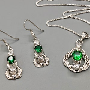 Irish Claddagh Emerald Necklace and Earring Set in Sterling Silver, Artisan Celtic Jewelry Set, Gifts For Her, White Topaz and Emeralds image 1