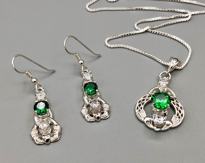 Irish Claddagh Emerald Necklace and Earring Set in Sterling Silver, Artisan Celtic Jewelry Set, Gifts For Her, White Topaz and Emeralds
