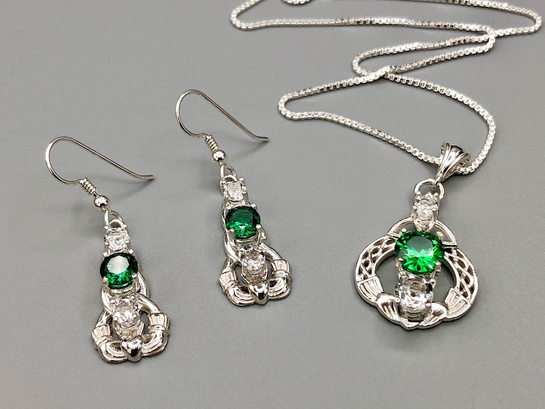 Irish Claddagh Emerald Necklace and Earring Set in Sterling Silver, Artisan Celtic Jewelry Set, Gifts For Her, White Topaz and Emeralds image 1