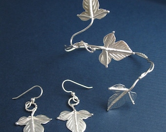 Leaf Bracelet Wrap with Leaf Earrings on Dangle Ear Wire Hooks, Autumn Leaf Earrings and Cuff, Ivy Handmade Leaf Earrings and Bracelet Set