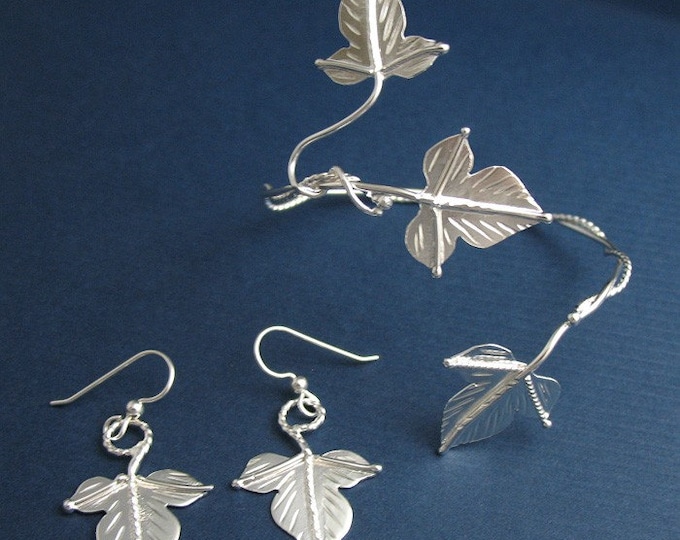 Leaf Bracelet Wrap with Leaf Earrings on Dangle Ear Wire Hooks, Autumn Leaf Earrings and Cuff, Ivy Handmade Leaf Earrings and Bracelet Set