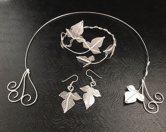 Woodland Jewelry Set Sterling Silver, Neck Ring, Bracelet Cuff, Ivy Leaf Drop Earrings, Woodland Bridal Jewelry Accessories, Gifts For Her