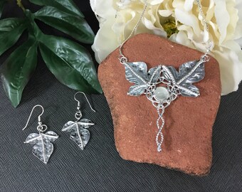 Woodland Leaf Moonstone Necklace with Leaf Earrings Sterling Silver, Artisan Jewelry Sets, Gifts For Her, Wedding Accessories, Irish Bride