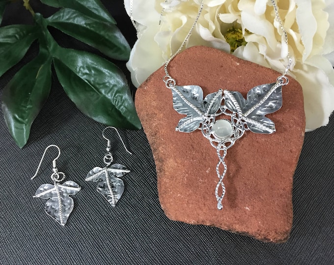 Woodland Leaf Moonstone Necklace with Leaf Earrings Sterling Silver, Artisan Jewelry Sets, Gifts For Her, Wedding Accessories, Irish Bride