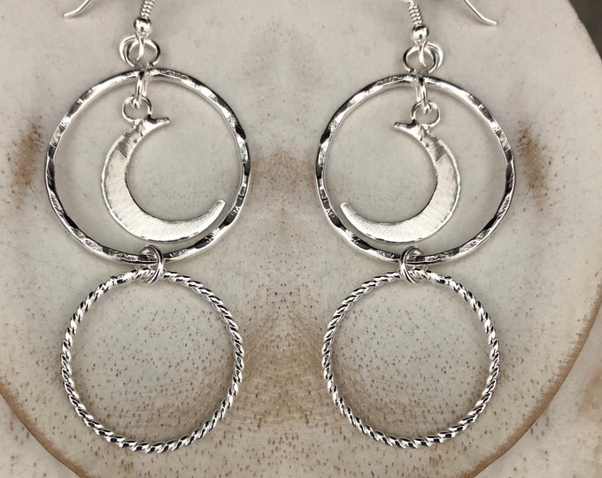 Hoop Circles Moon Earrings in Sterling Silver, Gifts For Her, Celestial Jewelry, Artisan Circle Earrings, Eternity Double Hoop Earrings