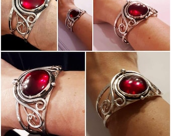 Sterling Silver Witchblade Style Bracelet, Artisan Boho Red Glass 25mm Cabochon, Statement Heavy Bracelet Cuff Large, Handmade Cuff Bracelet