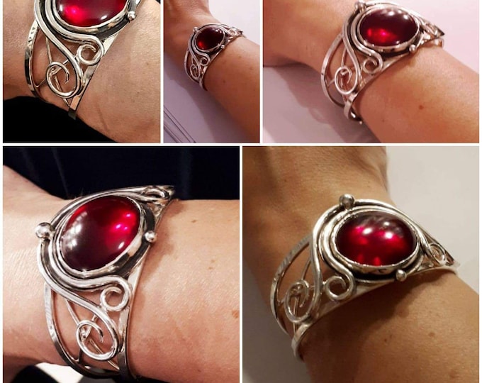 Sterling Silver Witchblade Style Bracelet, Artisan Boho Red Glass 25mm Cabochon, Statement Heavy Bracelet Cuff Large, Handmade Cuff Bracelet