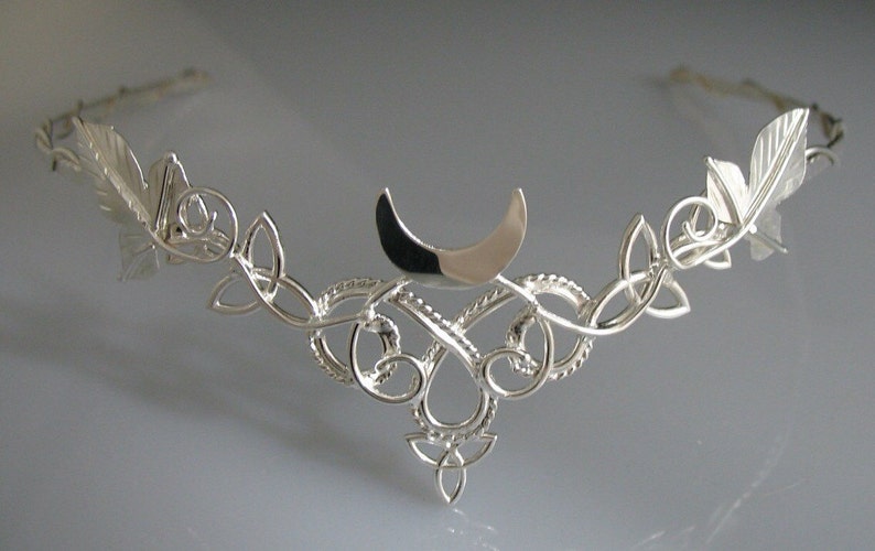 Wedding Circlet for Hair Handmade Artisan SCA Pagan Alternative Elvish Celtic Leaves Crescent Moon Bridal Wedding Tiara in Sterling Silver
