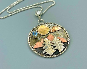 Sterling Silver Forest Necklace, Enchanted Forest Jewelry, Tree Jewelry, Gold and Silver  Mixed Metals Mountain Scene Necklace, Gift For Her