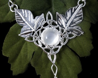 Celtic Leaf Moonstone Necklace in Sterling Silver, Nature Jewelry, Elvish Celtic Pendant with 16 Inch Box Chain and Moonstone .925