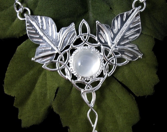 Celtic Leaf Moonstone Necklace in Sterling Silver, Nature Jewelry, Elvish Celtic Pendant with 16 Inch Box Chain and Moonstone .925