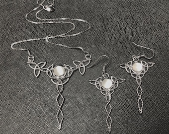 Celtic Trinity Knot Moonstone Necklace and Earring Set in Sterling Silver, Handmade Bohemian Jewelry Sets, Gifts for Her, Anniversary