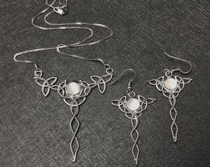 Celtic Trinity Knot Moonstone Necklace and Earring Set in Sterling Silver, Handmade Bohemian Jewelry Sets, Gifts for Her, Anniversary