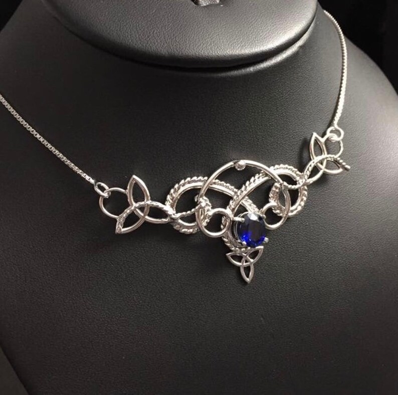 Statement Necklace Renaissance Celtic Necklace with 10x8mm oval Lab Sapphire OOAK Celtic Jewelry Sterling Silver Handmade