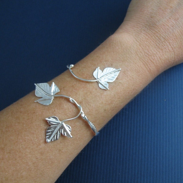 Woodland Ivy Leaf Wrap Bracelet Cuff, Sterling Silver, Rustic Leaves, Autumn, Handmade in Sterling Silver