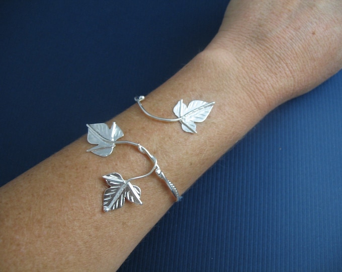 Woodland Ivy Leaf Wrap Bracelet Cuff, Sterling Silver, Rustic Leaves, Autumn, Handmade in Sterling Silver