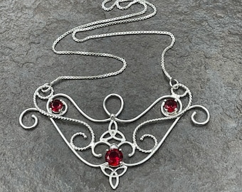 Celtic Victorian Bohemian Garnet Necklace in Sterling Silver, Art Nouveau Necklaces, Statement Pieces, Gifts For Her, Anniversary