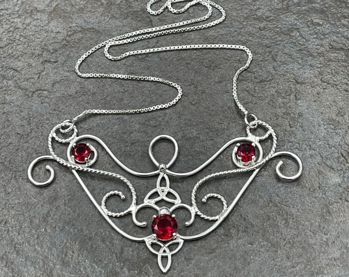 Celtic Victorian Bohemian Garnet Necklace in Sterling Silver, Art Nouveau Necklaces, Statement Pieces, Gifts For Her, Anniversary