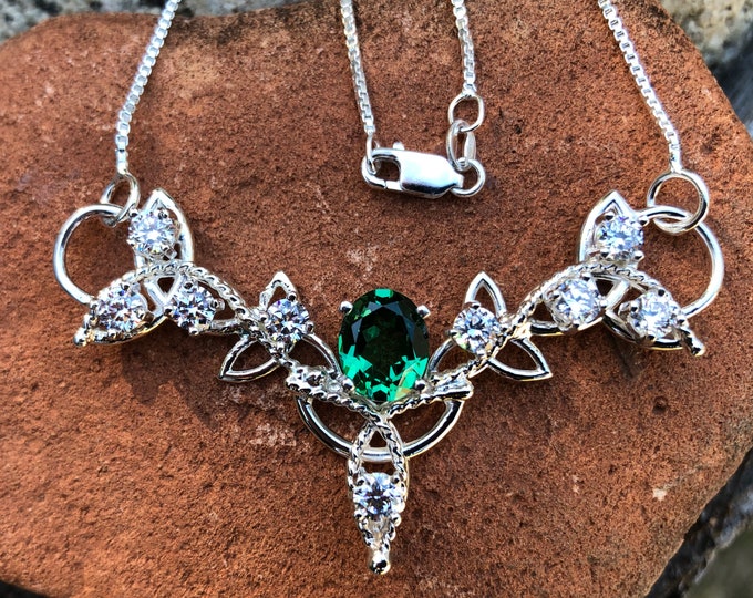 Emerald Celtic Trinity Knot Handmade Necklace with 16 Inch Sterling Box Chain, Handmade, Sterling Silver, Lab Created Emerald