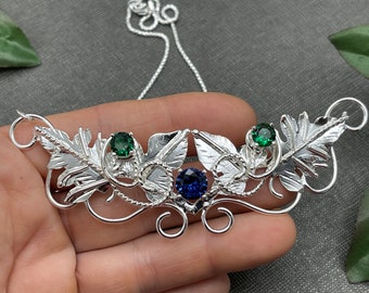Victorian Woodland Elvish Sapphire Necklace in Sterling Silver, Artisan Organic Nature Inspired Jewelry, Gifts For Her, Bohemian Necklaces