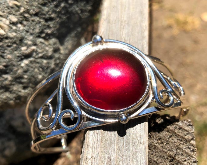 Sterling Silver Witchblade Style Bracelet, Artisan Boho Red Glass 25mm Cabochon, Statement Heavy Bracelet Cuff Large, Handmade Cuff Bracelet