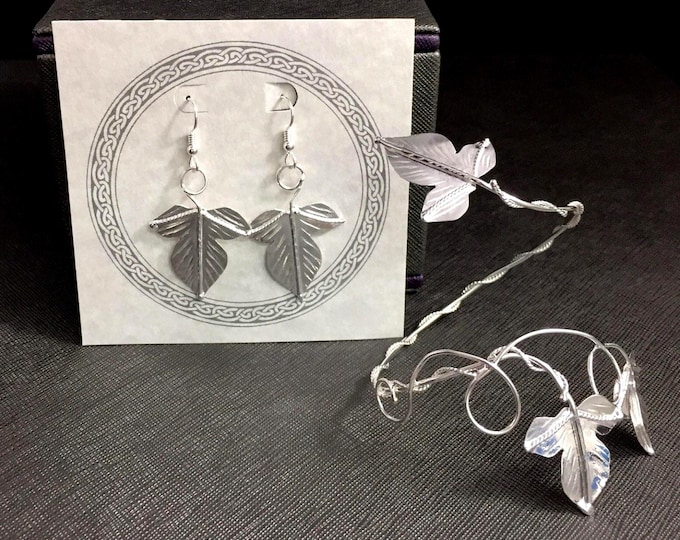 Sterling Silver Leaf Bracelet Cuff and Earring Set, Artisan Jewelry