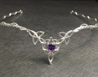 Sterling Silver Celtic Bridal Circlet with Amethyst, Irish Diadem, Fantasy Wedding, Gifts For Her