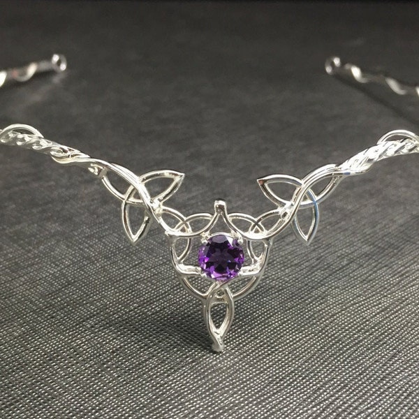 Keltischer Brautschmuck aus Sterlingsilber mit Amethyst, irisches Diadem, Fantasiehochzeit, Geschenkidee für Sie