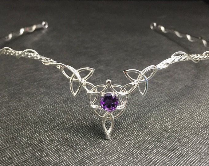 Sterling Silver Celtic Bridal Circlet with Amethyst, Irish Diadem, Fantasy Wedding, Gifts For Her