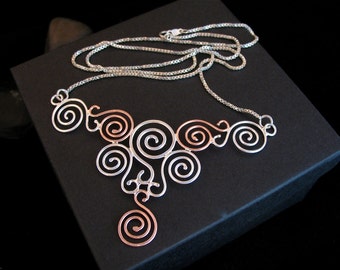 Celtic Spirals, Celtic Symbolic Statement Necklace with Copper and Silver Scrolls and Curliques, Handmade, OOAK